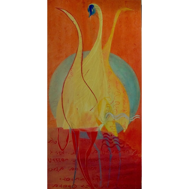Orange Contemporary, Orange, Cranes Birds, "Silver Moon" Oil Painting For Sale - Image 8 of 8