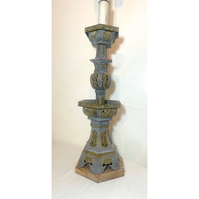 Up for is a very nice quality monumental antique handmade Chinese pewter and brass electric pagoda table lamp. It's made...
