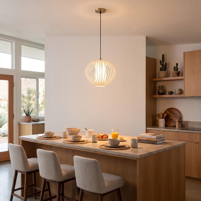 The Bloom Pendant is a sculptural globe pendant featuring a white slatted shade with a warm linen inner diffuser as shown...