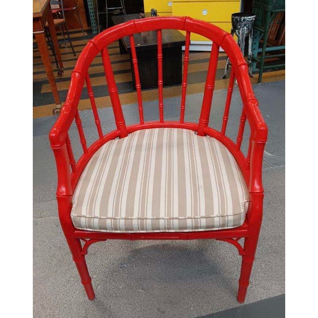 American 1960s “Vermillion Red" Faux Bamboo Arm Chairs With Beige and Cream Ticking Stripe Cushions on Caned Platform - a Pair For Sale - Image 3 of 7