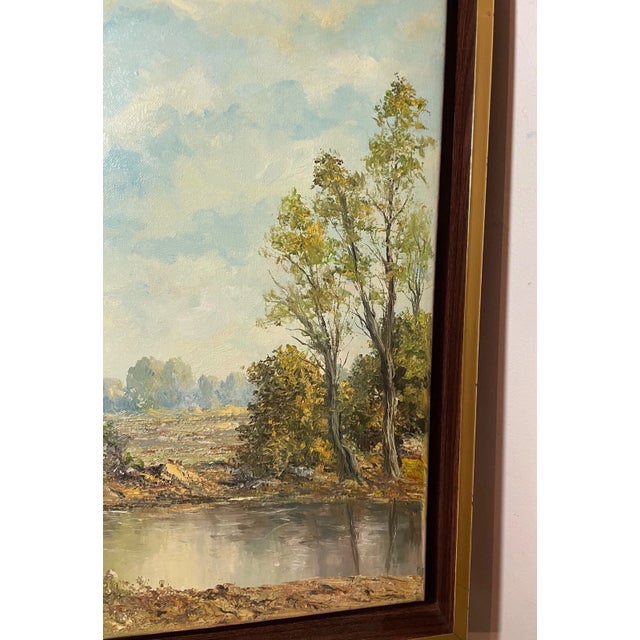 Textile Vintage Original Hans Leich Oil Painting Realism Pond Landscape on Canvas For Sale - Image 7 of 12