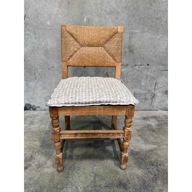Early 20th Century Vintage French Rush Seat Back Oak Dining Chairs Set of Four Bleached Farmhouse For Sale - Image 5 of 17