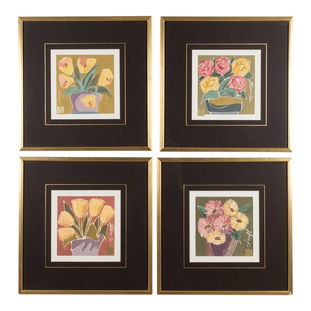 Set of 4 Vintage Modernist Floral Still Life Prints in Gilt Frames For Sale