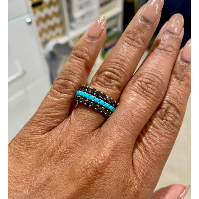 Metal 2.66 Carat Turquoise Black Diamond Sapphire Gold Band Set, Size 7 For Sale - Image 7 of 7