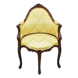 Antique French Louis XV Style Carved Walnut Yellow Fabric Boudoir Lounge Chair For Sale