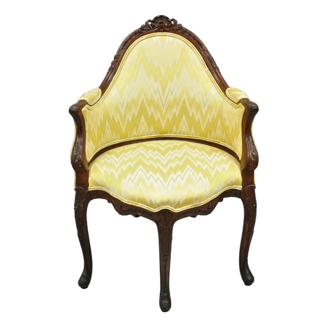 Antique French Louis XV Style Carved Walnut Yellow Fabric Boudoir Lounge Chair For Sale