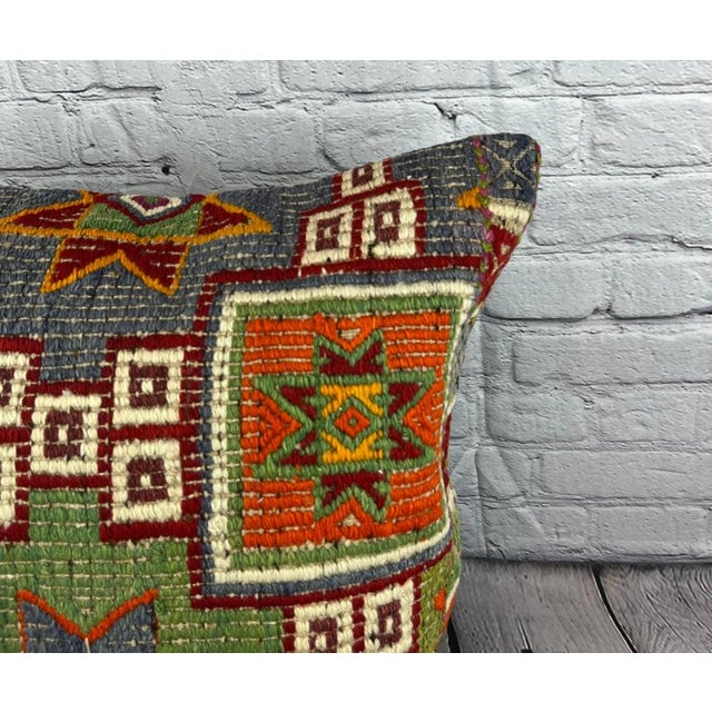 Turkish 20 x 20 Kilim Pillow Turkish Cushion Natural Green Blue Pillow Cushion Cover For Sale - Image 3 of 4