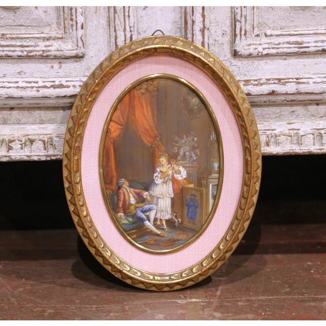 French Pair Mid-Century French Painted Genre Scene Oval Glass Pendants in Gilt Frames For Sale - Image 3 of 11