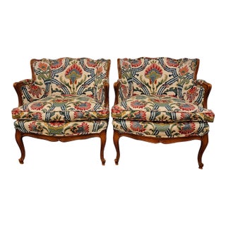 Vintage Pair of French Louis XV Style Beautifully Upholstered Bergere Chairs For Sale