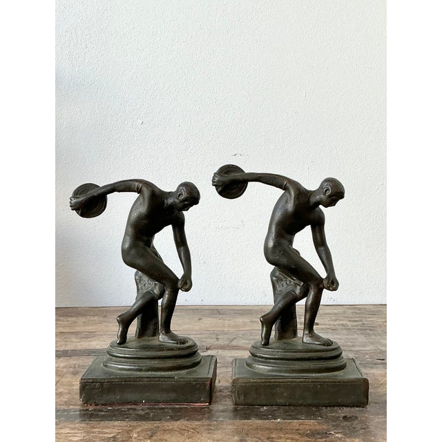 Metal Vintage Patinated Cast Brass Disc Thrower Bookends - A Pair For Sale - Image 7 of 12