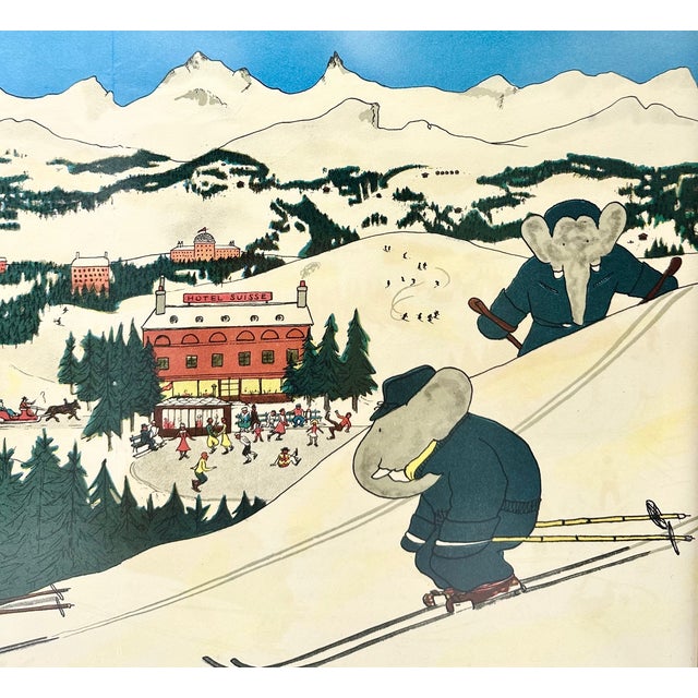 Mid 20th Century Vintage Le Voyage De Babar Ski Framed Lithographic Page For Sale - Image 5 of 8