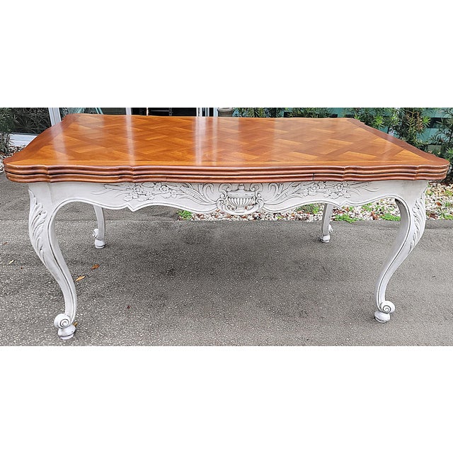 Beautiful country French draw leaf dining table with a chic painted base in beautiful walnut. We've sold 2000+ of these...