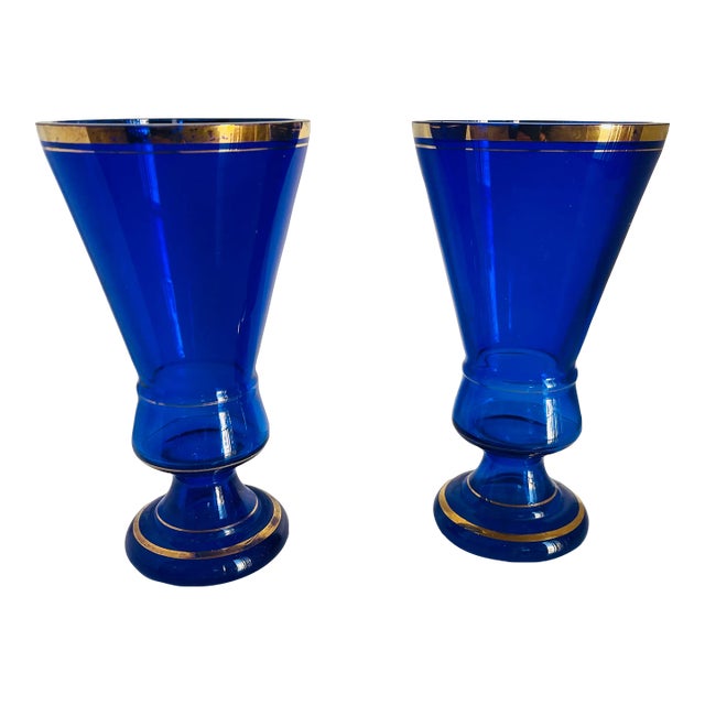 Pair Antique Moser Cobalt Glass Vases Bohemian Biedermeier Cobalt Glass Vases- Beaker Rs For Sale