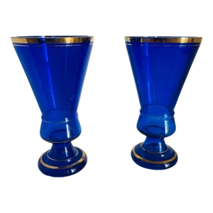 Pair Antique Moser Cobalt Glass Vases Bohemian Biedermeier Cobalt Glass Vases- Beaker Rs