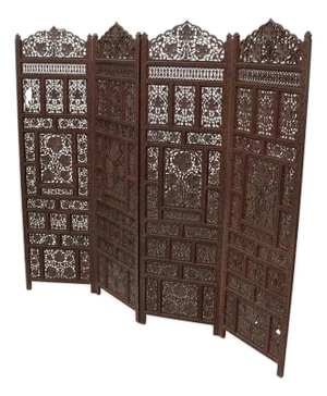 Four-Panel Finely Carved Teak Room Divider Screen