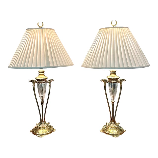 Neoclassical Crystal and Brass Table Lamps - A Pair For Sale