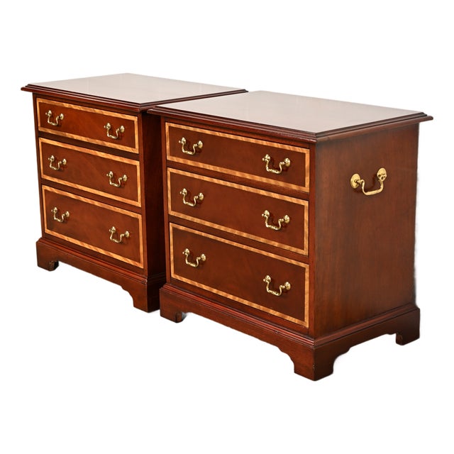 Baker Furniture Georgian Banded Mahogany Bedside Chests, Pair For Sale