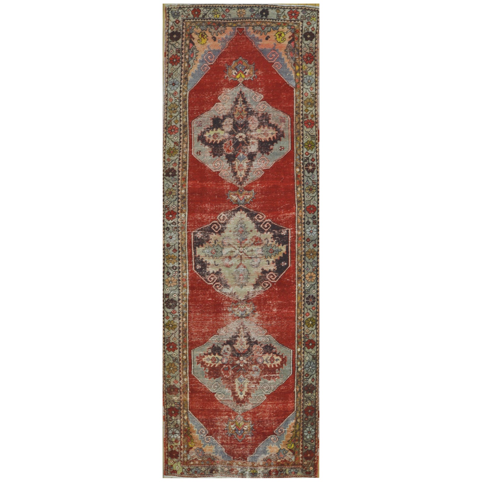 Vintage MidCentury Handmade Distressed Runner Rug 3′6″ × 10′11