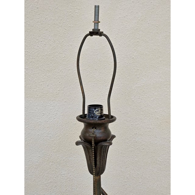 Quoizel Patinated Metal Floor Lamp With Signed Todd Philips Iridescent Glass Shade For Sale - Image 10 of 12