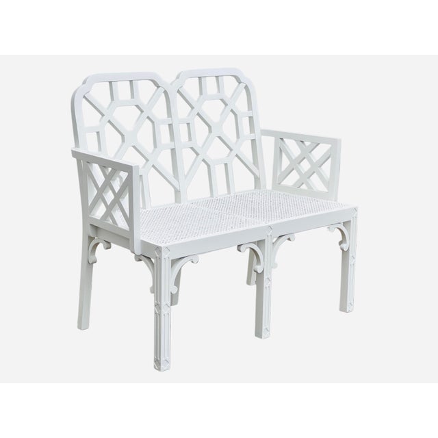 Palm Beach Style Wooden Pagoda Bench with Fretwork Chinese Chippendale Back and Sides. Cane Seat is tight and ready to...