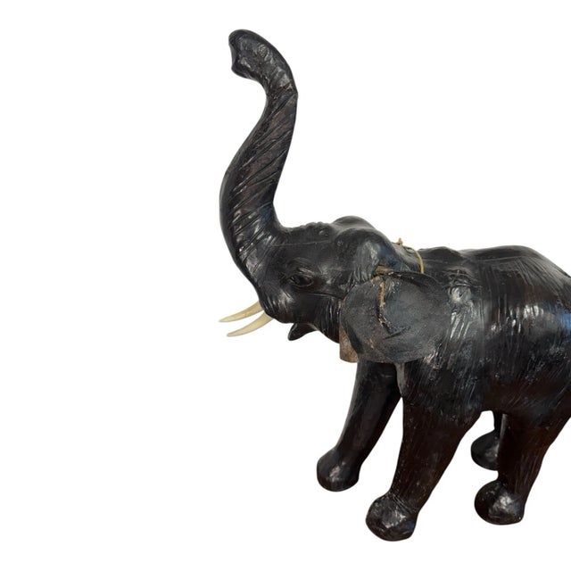 Mid 20th Century Leather Elephant Statue Safari Figure W/ Bone Tusks For Sale In Philadelphia - Image 6 of 9