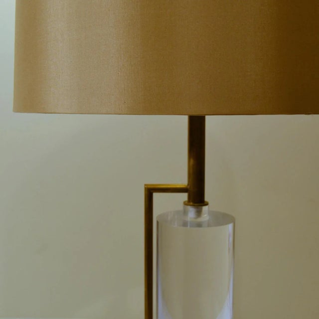 Acrylic Glass and Brass Italian Table Lamp with Silk Lamp Shade, 1960s For Sale - Image 4 of 9
