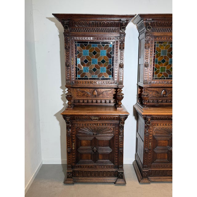 Wood Antique Neo-Renaissance Oak Display Cabinets with Stained Glass, Set of 2 For Sale - Image 7 of 8