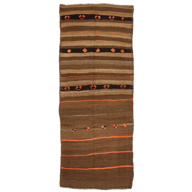 Textile 1960s Vintage Orange & Brown Striped Kilim Rug- 4′1″ × 10′4″ For Sale - Image 7 of 7