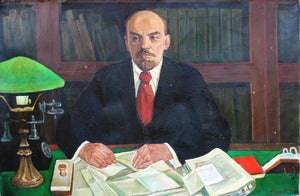 1970s Lenin Portrait, Antique Oil Painting, Soviet Socialist Realism Art 100-150