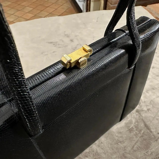 Black 1950s High Quality Black Leather and Brass Hardware Italian Evening Bag For Sale - Image 8 of 18