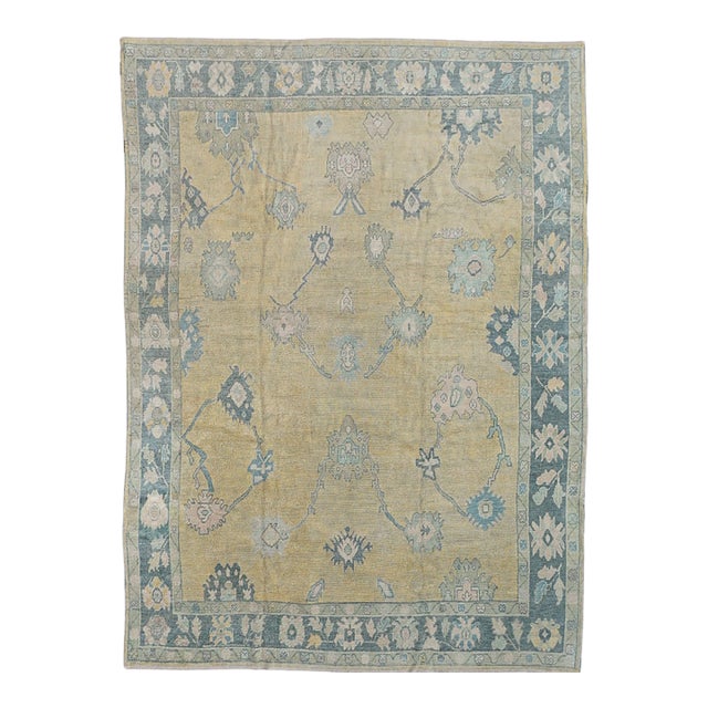 Contemporary Turkish Oushak Rug in Golden Beige With Gray and Blue Floral Motifs, 10' X 14' For Sale