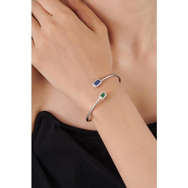 Emerald & Blue Sapphire Toi Et Moi Open Cuff Bangle in Silver With Diamond Accents For Sale - Image 4 of 14