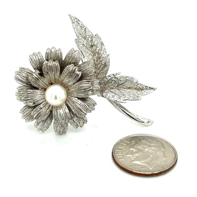 1990s Mikimoto Estate Akoya Flower Pearl Brooch Pin Sterling Silver 6.16 mm For Sale - Image 4 of 11