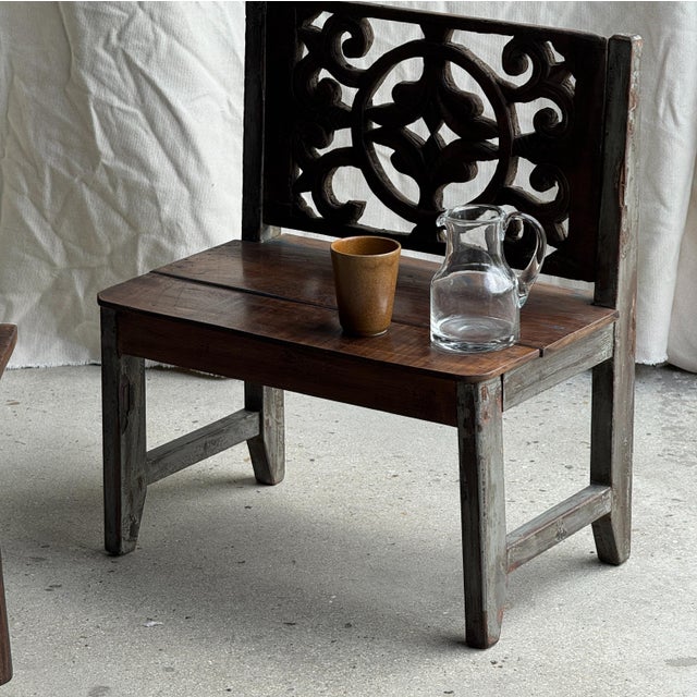 Mini Bench with Carved Backrest, 1980s For Sale - Image 17 of 18
