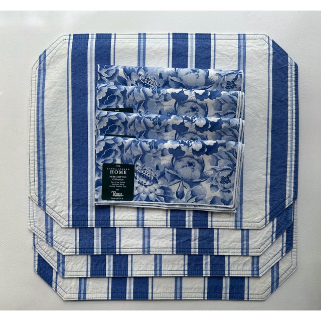 Late 20th Century Set of 4 Laura Ashley Home Blue & White Reversible Cotton Placemats & Napkins For Sale - Image 4 of 18