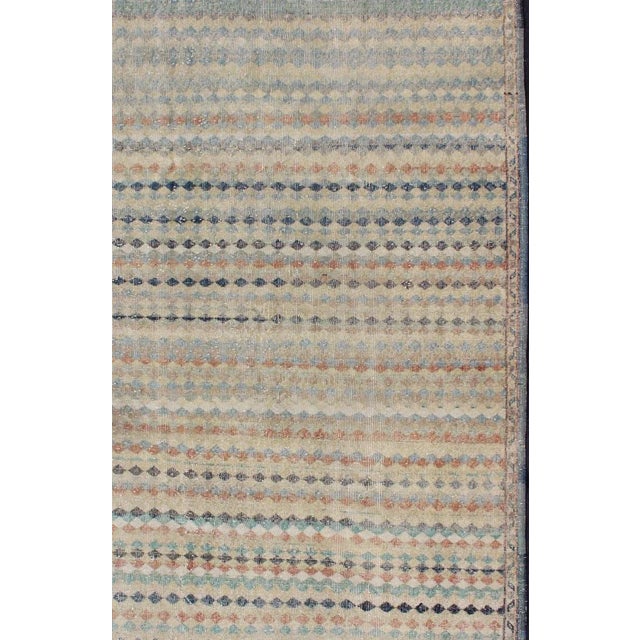 Mid century Modern Turkish vintage rug with taupe background and colorful stripe design, rug en-141420, country of origin...