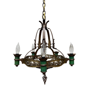 1920s Spanish Revival / Gothic Revival Cast Iron Chandelier – 4-Light Fixture With Green Candle Sleeves (20” Diameter)