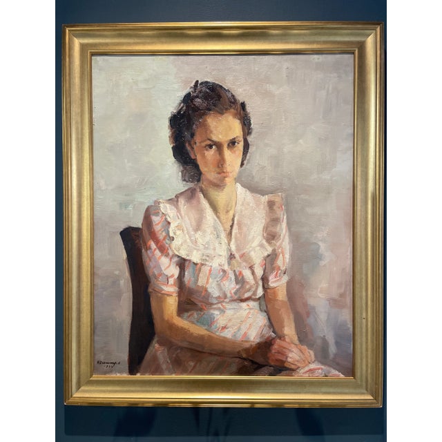 Portrait of the 20th century signed Henri Descamps (1898-1990) Young dark-haired girl seated wearing a white dress with...