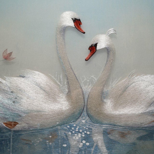 Handcrafted Suzhou Embroidery Swan Water Scene Wall Art – Double-Sided Silk Embroidery Decorative Panel For Sale - Image 9 of 10