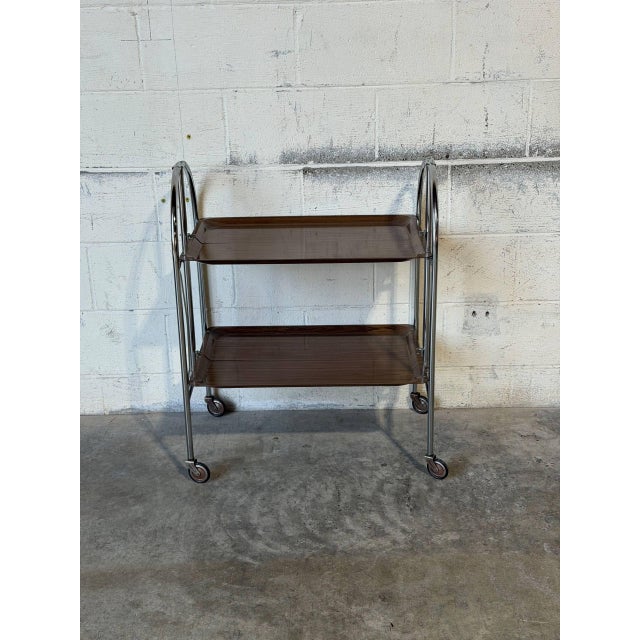 Mid-Century Modern Chrome Folding Rolling Bar Cart With Wood Grain Trays Mid-Century Modern 1970s For Sale - Image 3 of 10