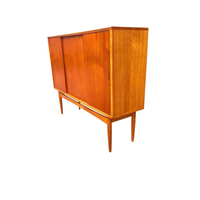 Mid-Century Modern Danish Modern Teak & White Oak Highboard | Three Sliding Doors | C. 1960s For Sale - Image 3 of 9