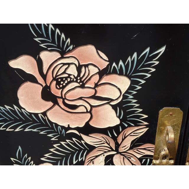Wood Vintage Chinese Asian Black Lacquer Chinoiserie Cabinet Side Table For Sale - Image 7 of 18