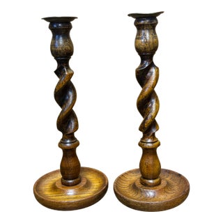 Vintage English Oak and Brass Barleytwist Candlesticks For Sale