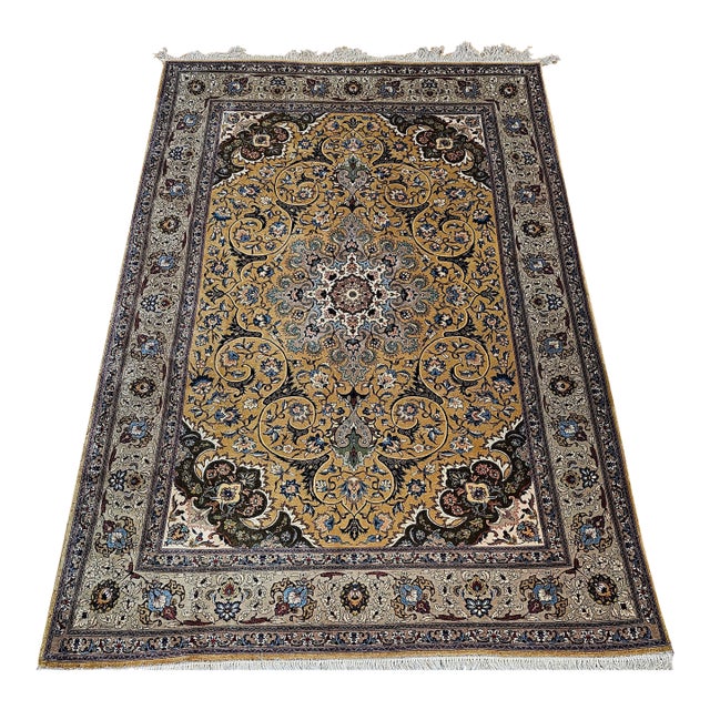 Vintage Persian Tabriz Rug, Handwoven Wool, Floral Pattern, Moss Green & Caramel, 7’ X 10’ For Sale