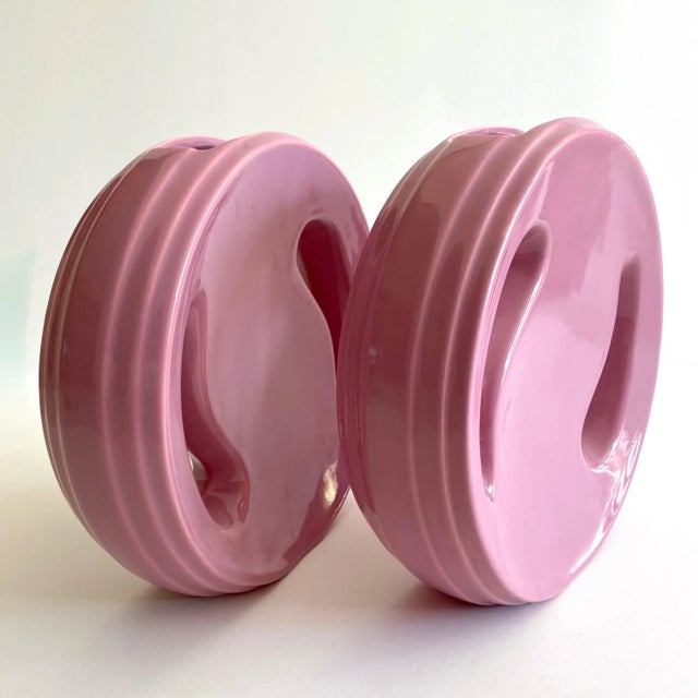 1980s Post Modern Vintage 1980's Art Deco Style Round Mauve Rose Pink Art Pottery Ceramic Vases - a Pair For Sale - Image 5 of 13