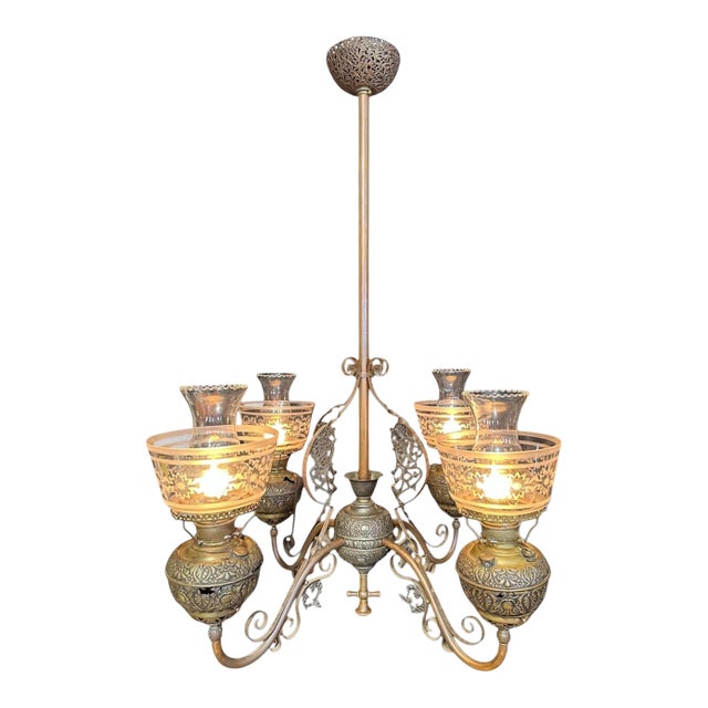 Late 19th Century Victorian Chandelier With Painted Shades For Sale