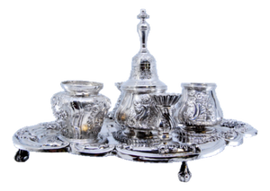 Inkwell in Relief Silver with Two Tanks and Bell, Set of 6