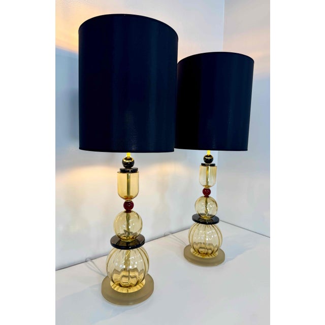 2000 - 2009 Italian Amber, Burgundy and Black Murano Glass Table Lamps, 2000s, Set of 2 For Sale - Image 5 of 14
