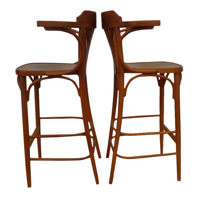 Mid 20th Century Thonet Style Bar Stools Made in Czechoslovakia - a Pair For Sale
