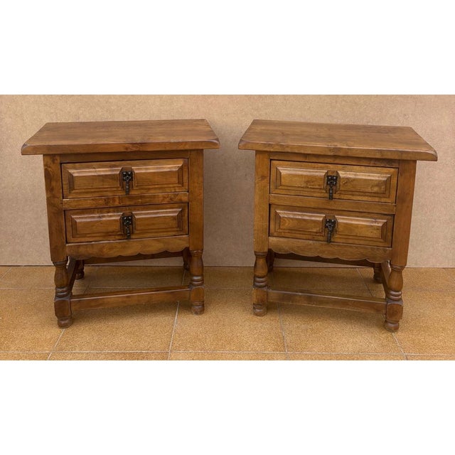 1950s Spanish Bedside Tables with Drawers and Iron Hardware, 1950s, Set of 2 For Sale - Image 5 of 11